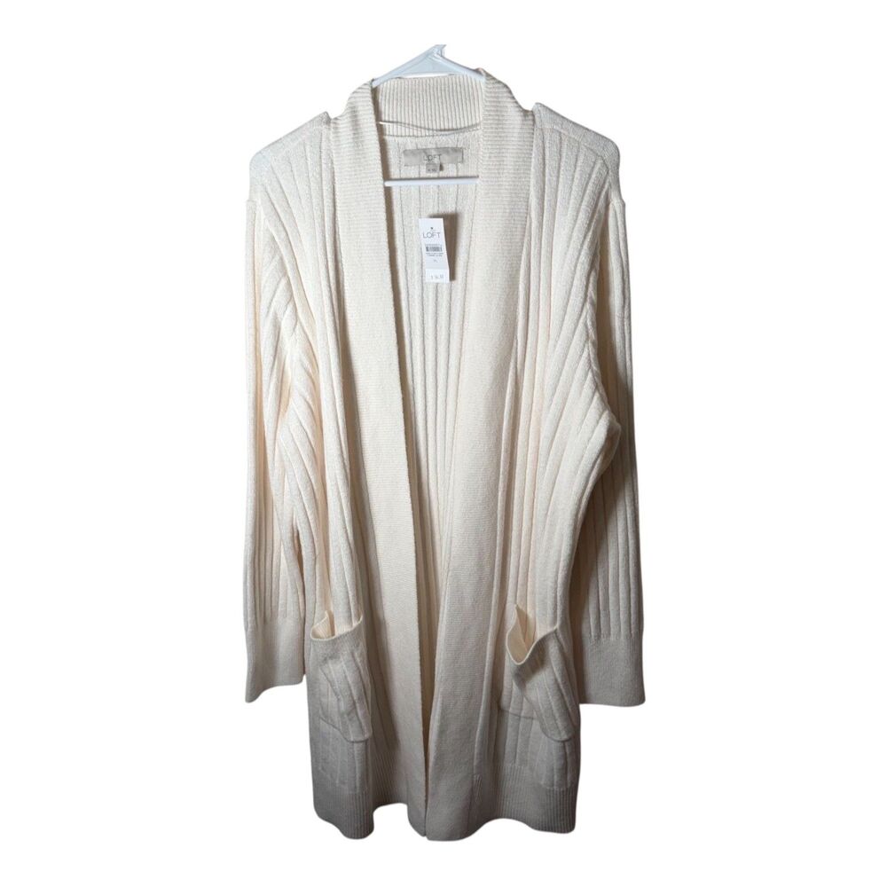 Loft Sweater Women's XL Cream Ribbed Cable Knit Cardigan Long Pockets